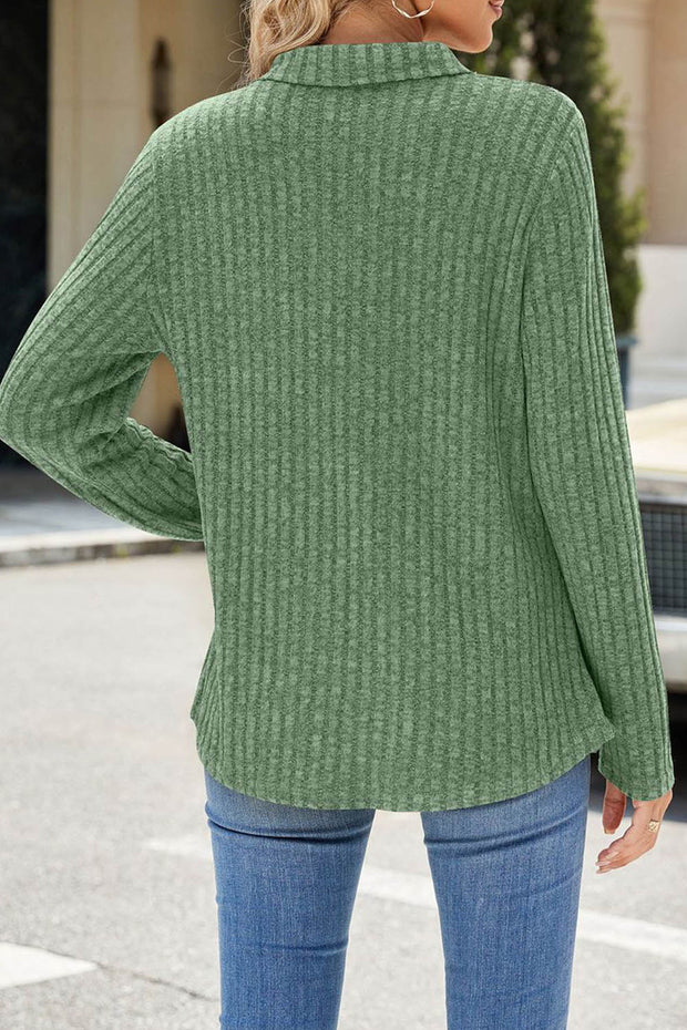 Solid Color Lapel V-neck Pocket Long Sleeve Loose Brushed Top