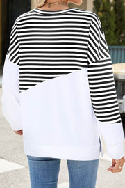 Solid Color Striped Colorblock Round Neck Long Sleeve Sweatshirt