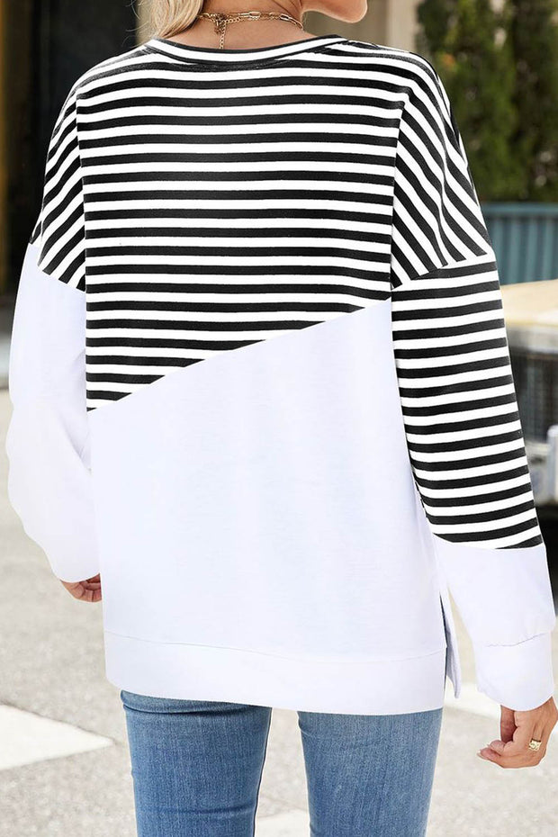 Solid Color Striped Colorblock Round Neck Long Sleeve Sweatshirt