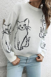 Cat Jacquard Loose Long Sleeve Sweater