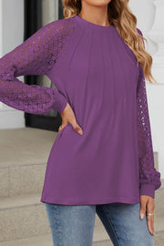 Lace Panel Round Neck Long Sleeve Loose Top