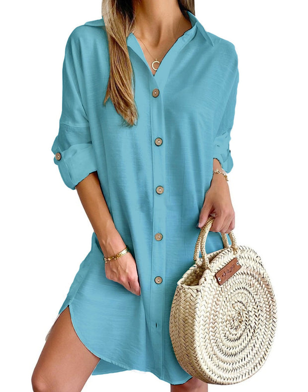 Long Sleeve Solid Color Lapel Single Breasted Shirt Dress