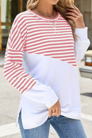 Solid Color Striped Colorblock Round Neck Long Sleeve Sweatshirt