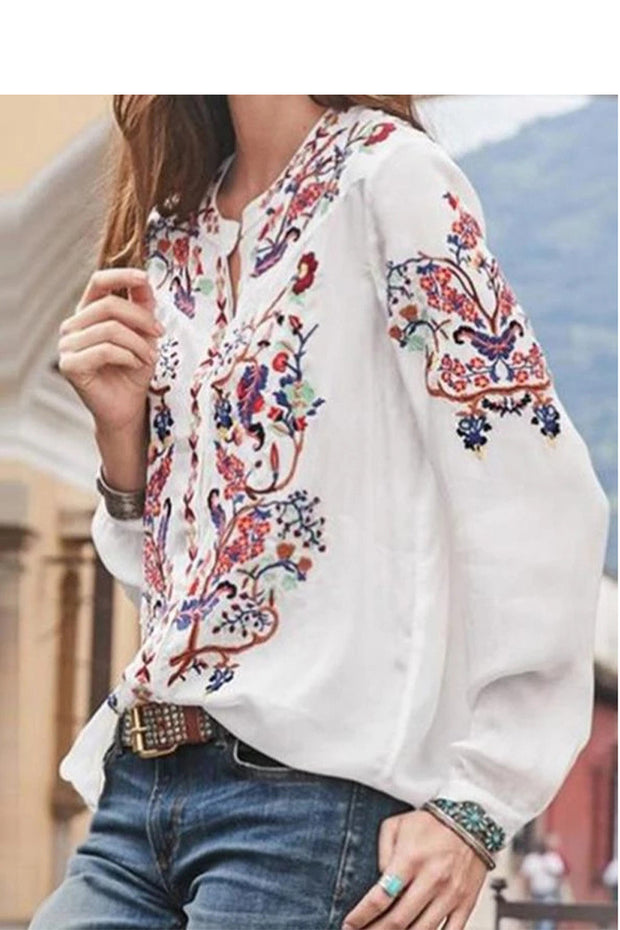 Stand Collar Embroidered Print Long Sleeve Top
