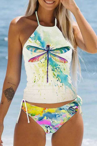 Simple resort style colorful dragonfly halterneck two-piece swimsuit