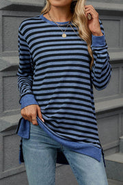 Striped Colorblock Round Neck Loose Long Sleeve T-shirt