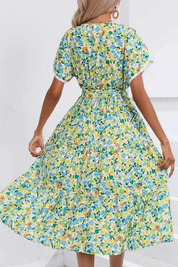 Floral Slit V Neck Short Sleeve Midi Dress