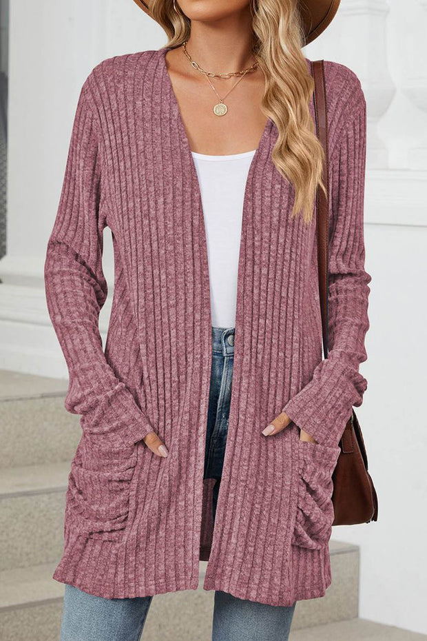 Solid Color Pocket Long Sleeve Cardigan Sweater