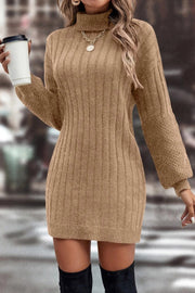 Solid color high collar casual mid-length sweater dress