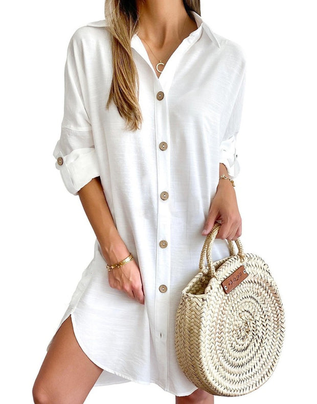 Long Sleeve Solid Color Lapel Single Breasted Shirt Dress