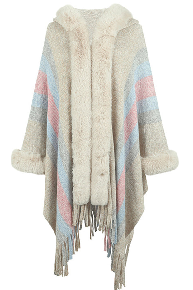 Hooded Multicolor Striped Fur Collar Fringed Knit Shawl Sweater