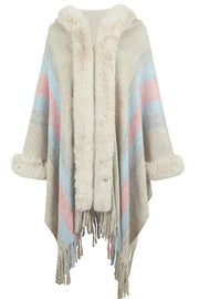 Hooded Multicolor Striped Fur Collar Fringed Knit Shawl Sweater