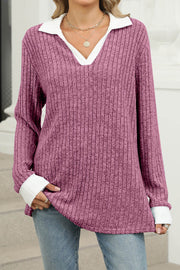 Colorblock Lapel V-neck Long Sleeve Loose Brushed Pullover