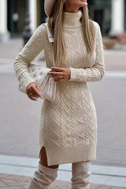 Solid color high collar casual hem slit long sweater dress