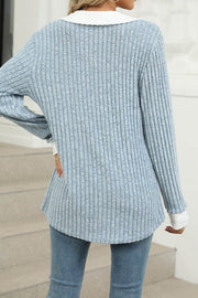 Colorblock Lapel V-neck Long Sleeve Loose Brushed Pullover