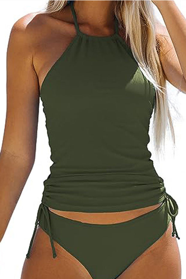 Simple resort style military green halterneck two-piece swimsuit