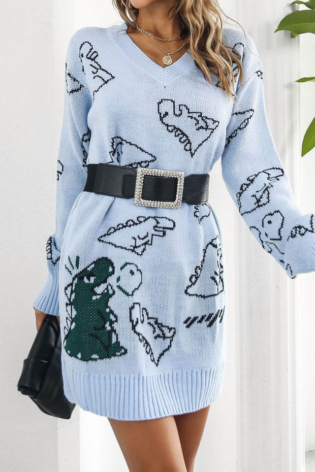 Cute Dinosaur Cartoon Jacquard V-Neck Long Sleeve Sweater Dress