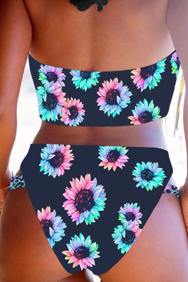 Leopard Sunflower Hollow Out Halter Two Piece Swimsuit