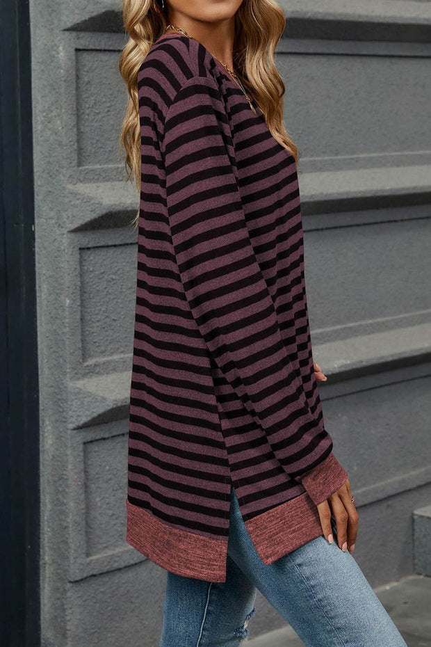 Striped Colorblock Round Neck Loose Long Sleeve T-shirt