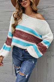 Off Shoulder Multicolor Stripes Lantern Sleeve Sweater