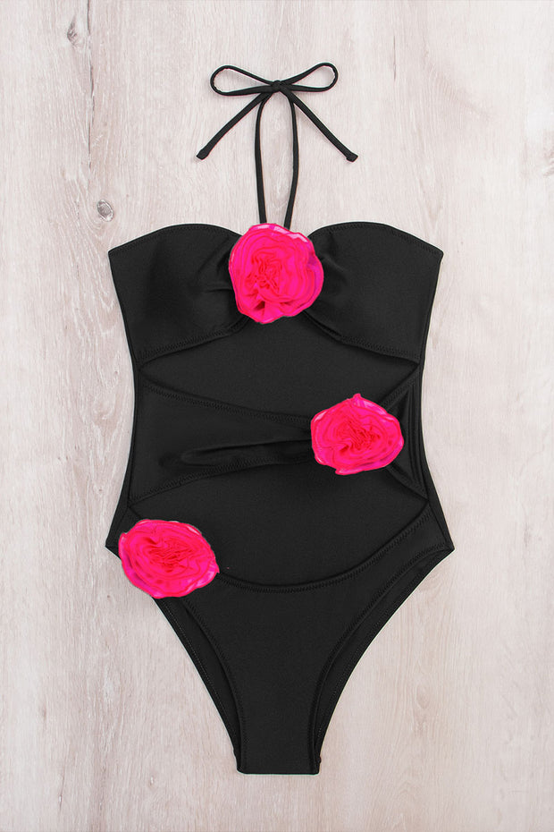 Three-dimensional floral one-piece solid color women's swimsuit