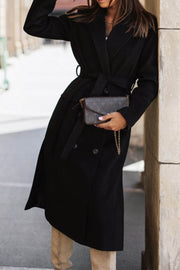 Simple Long Sleeve Suit Collar Lace Up Woolen Coat