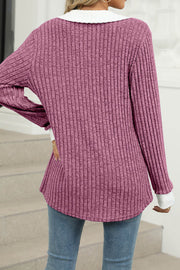 Colorblock Lapel V-neck Long Sleeve Loose Brushed Pullover