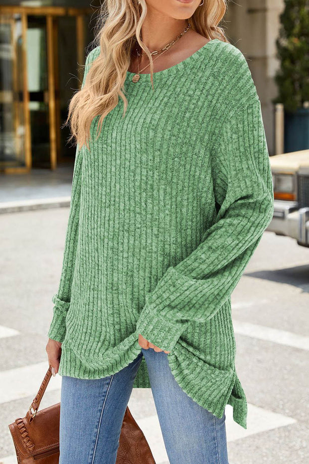 Solid Color Round Neck Long Sleeve Brushed Slit Pullover