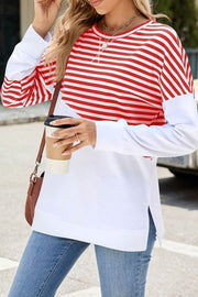 Solid Color Striped Colorblock Round Neck Long Sleeve Sweatshirt