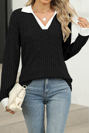 Colorblock Lapel V-neck Long Sleeve Loose Brushed Pullover