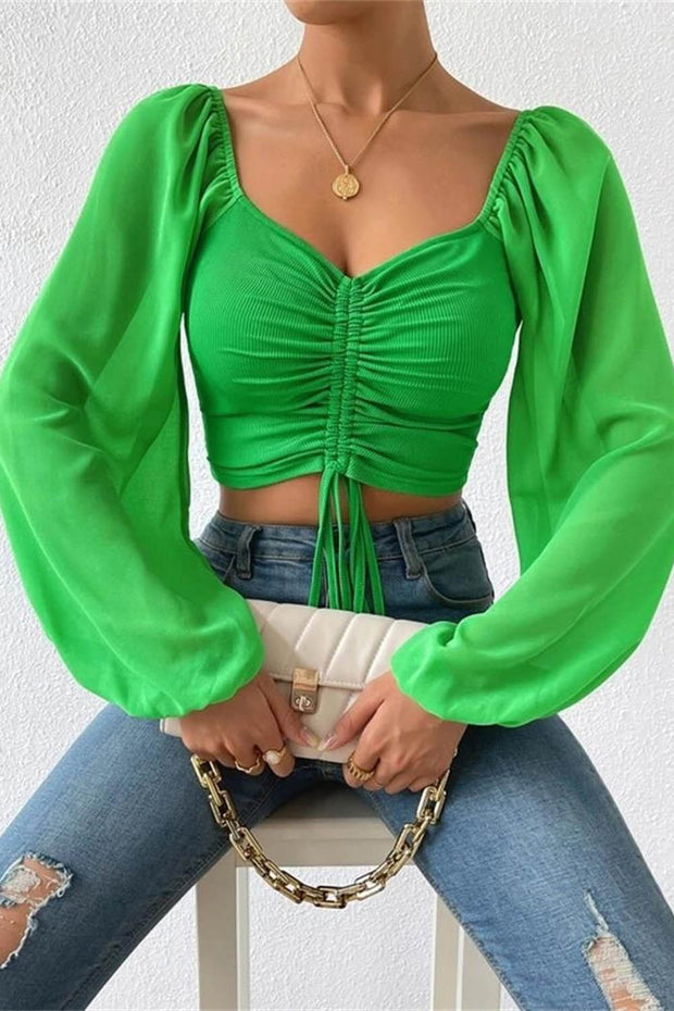 V-neck Chiffon Drawstring Lantern Sleeve Tight Sexy Shirt In Bright Colors