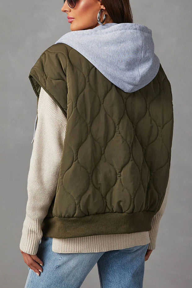 Zipper Pocket Hooded Quilted Cotton Vest