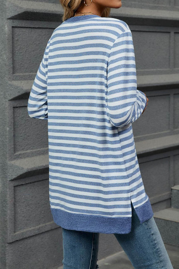 Striped Colorblock Round Neck Loose Long Sleeve T-shirt