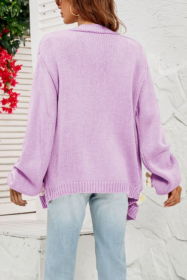 Knitted Flower Balloon Sleeve Cardigan Sweater