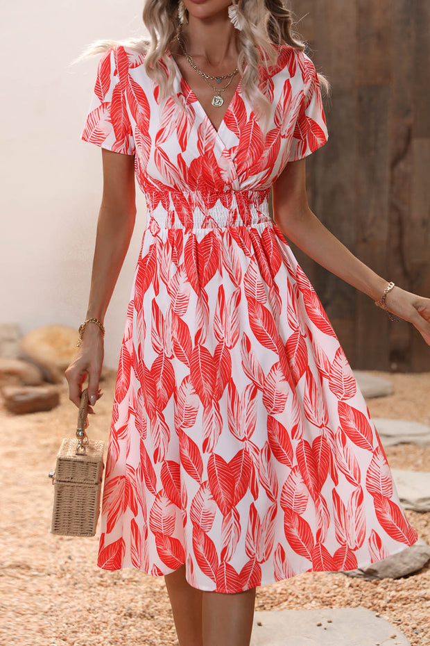 Leaf Print V Neck Short Sleeve Midi Dress