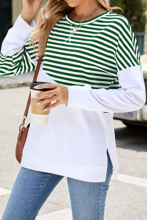 Solid Color Striped Colorblock Round Neck Long Sleeve Sweatshirt