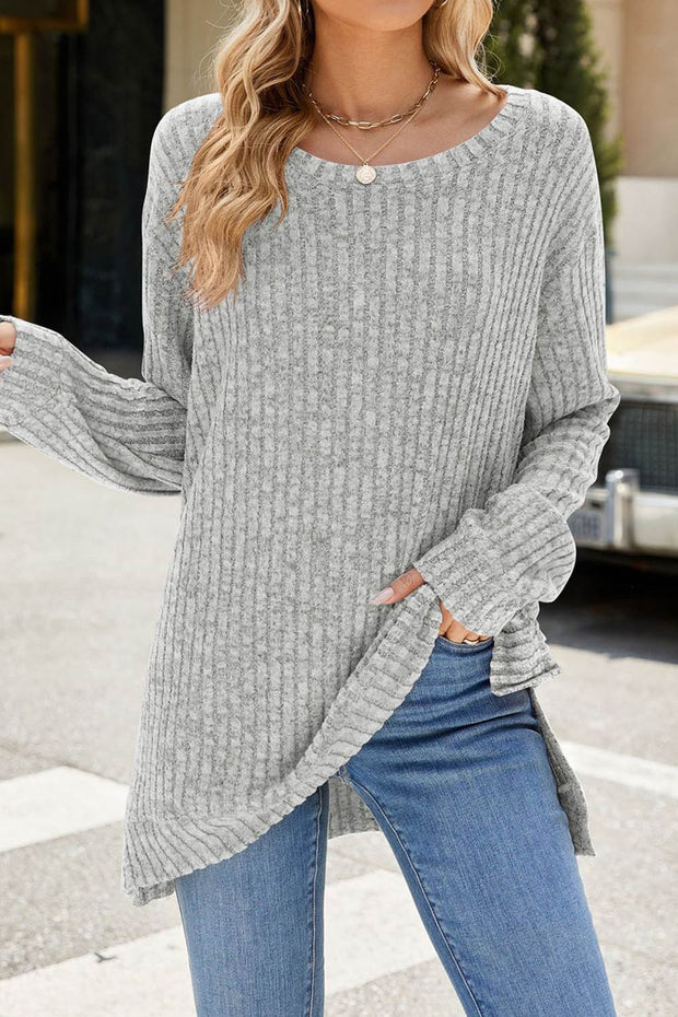 Solid Color Round Neck Long Sleeve Brushed Slit Pullover