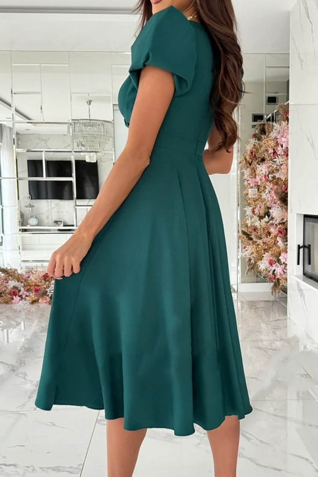 V Neck Solid Color Puff Sleeve Midi Dress