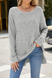 Solid Color Round Neck Long Sleeve Brushed Slit Pullover