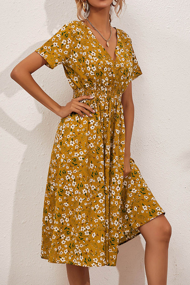 Retro Floral V Neck Short Sleeve Midi Dress