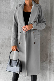 Solid Color Long Sleeve Double Breasted Coat with Pockets