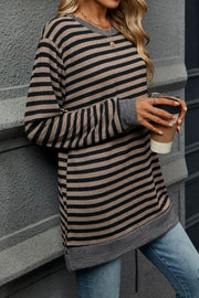 Striped Colorblock Round Neck Loose Long Sleeve T-shirt