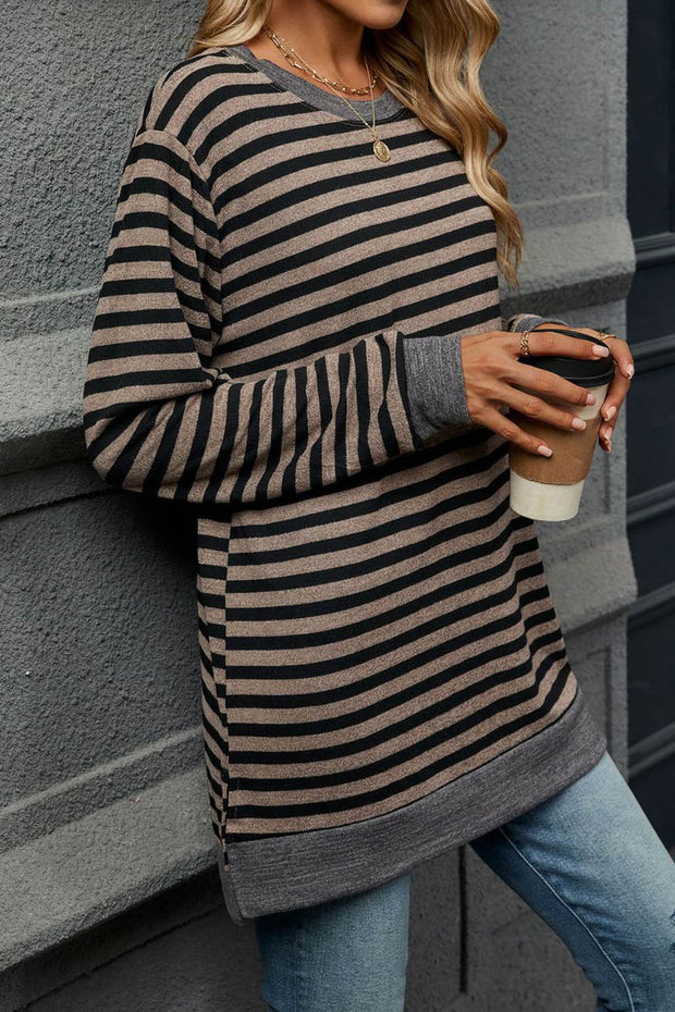 Striped Colorblock Round Neck Loose Long Sleeve T-shirt