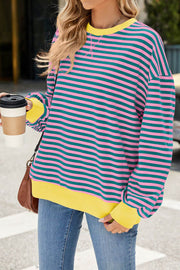 Striped Round Neck Colorblock Loose Long Sleeve Sweatshirt