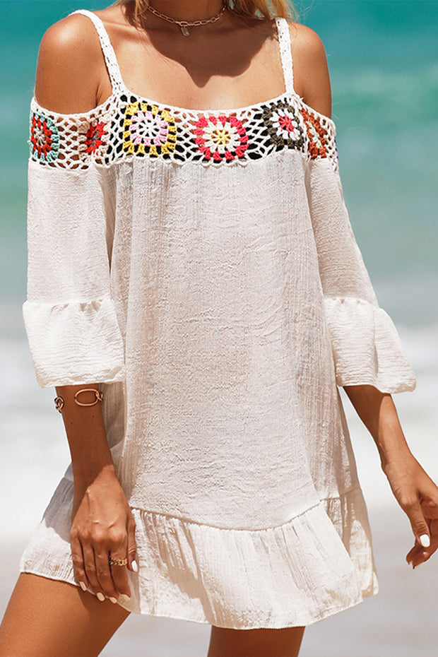 Crocheted Off Shoulder Short Solid Color Sunscreen Beach Skirt