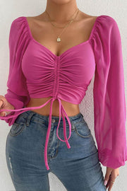 V-neck Chiffon Drawstring Lantern Sleeve Tight Sexy Shirt In Bright Colors