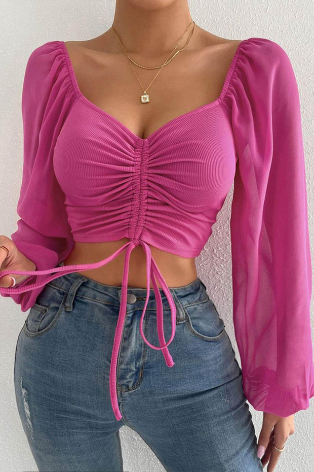 V-neck Chiffon Drawstring Lantern Sleeve Tight Sexy Shirt