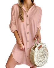 Long Sleeve Solid Color Lapel Single Breasted Shirt Dress