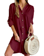 Long Sleeve Solid Color Lapel Single Breasted Shirt Dress