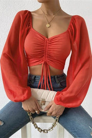 V-neck Chiffon Drawstring Lantern Sleeve Tight Sexy Shirt